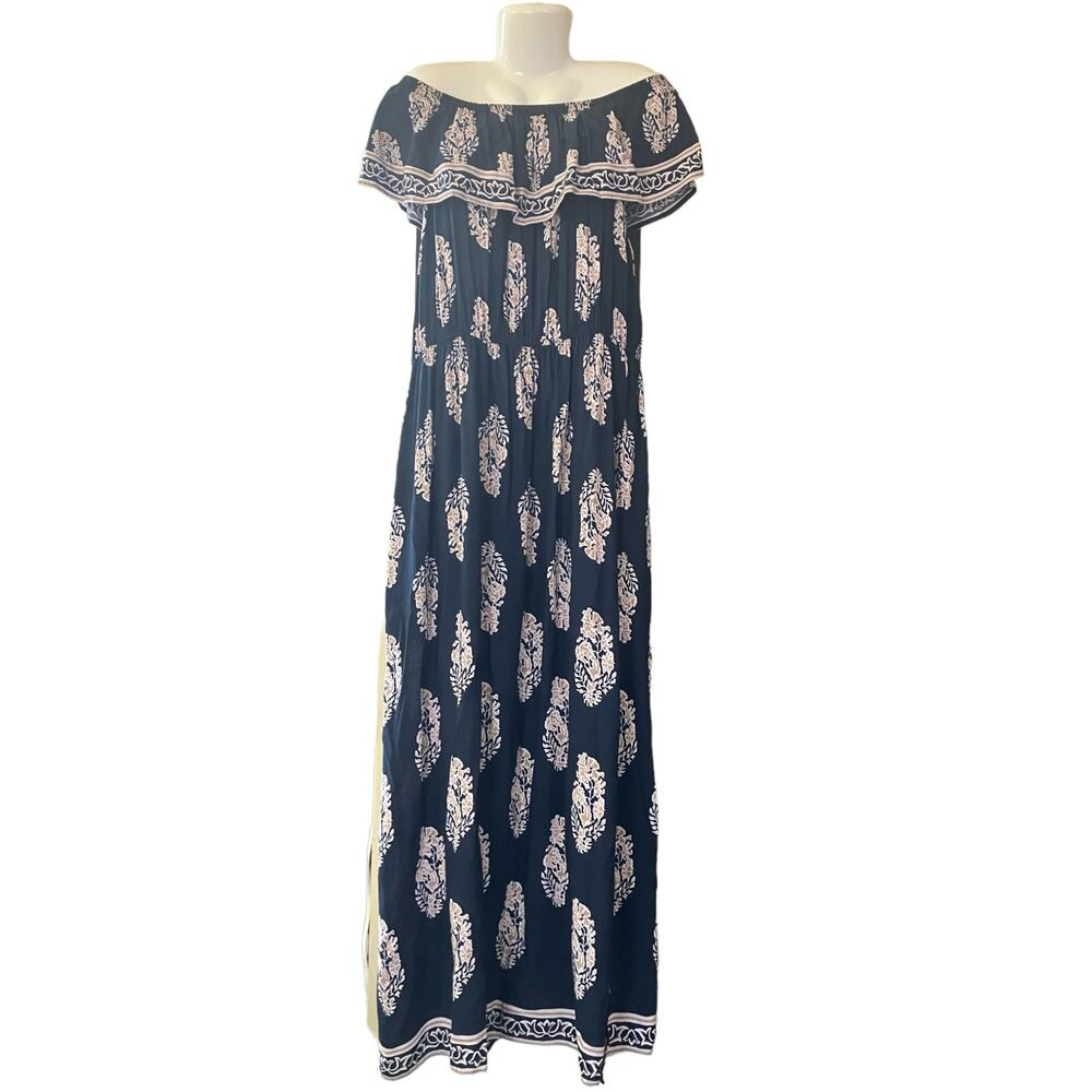 Kori America Women's Navy/Tan/White Floral Off-The-Shoulder Maxi Dress | Size L - Picture 4 of 12